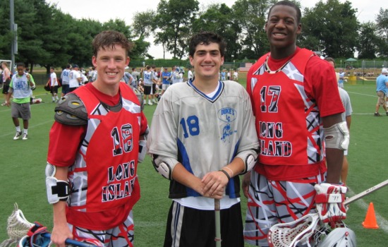 From left: Smithtown West attack Kyle Keenan (18), Conestoga (Pa.) midfielder Tanner Scott (18) and Whitman midfielder Myles Jones (17) share a moment at the Tri-State Tournament. Each is a Duke commitment. Phto by Jason Molinet.