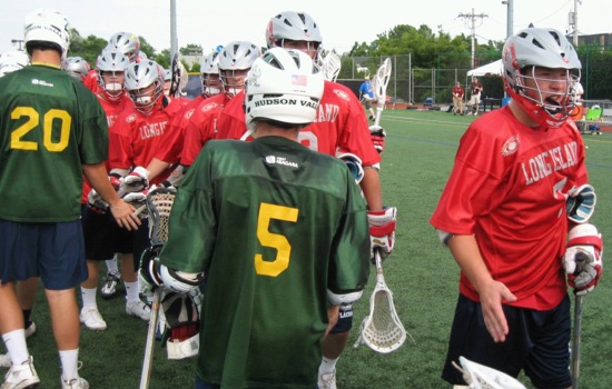 Hicksville's Brandon Gamblin (far right) gets a handshake from Hudson Valley after scoring five goals at the 2010 Empire State Games. Photo by Jason Molinet.